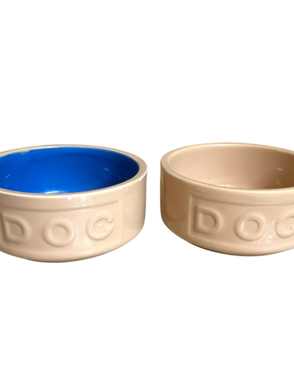 2 Dog Bowls - Cream and Blue with DOG across
